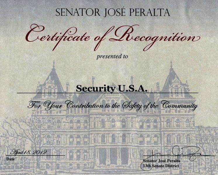 Certificate of Recognition from New York State Senator